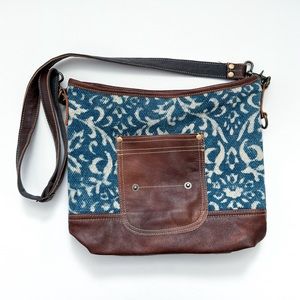 Myra Blue Canvas Brown Leather Crossbody Bag